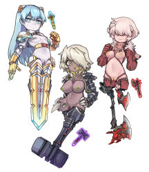 Rule 34 | 3girls, amputee, armor, axe, belt, belt buckle, blue eyes, blue hair, breasts, buckle, claws, clothing request, colored nipples, colored skin, commentary, crimson axe (terraria), cursed hammer (terraria), dark-skinned female, dark skin, doll joints, double amputee, enchanted sword (terraria), english commentary, extra eyes, extra teeth, frown, gauntlets, green eyes, green nipples, hair over eyes, hair over one eye, hammer, highres, inverted nipples, joints, looking at viewer, medium breasts, multiple girls, navel, nyong nyong, pauldrons, personification, shoulder armor, small breasts, stitches, sword, tentacles, terraria, weapon, white hair, white skin