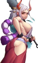 Rule 34 | 1girl, areola slip, armpits, ass, blush, breasts, closed mouth, club, club (weapon), covered erect nipples, cuffs, curled horns, earrings, fingernails, floating hair, from side, green hair, grey hair, hair ornament, hair stick, hakama, hakama pants, hand on own hip, highres, hip vent, holding, holding weapon, horns, huge breasts, japanese clothes, jewelry, kanabou, kimono, long hair, looking at viewer, max (maxlikeapicture), multicolored hair, multicolored horns, no bra, one piece, oni, over shoulder, paid reward available, pants, red horns, ribs, rope, shackles, shimenawa, sideboob, simple background, sleeveless, sleeveless kimono, smile, solo, very long hair, weapon, weapon over shoulder, white background, yamato (one piece), yellow eyes, yellow horns