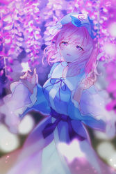 Rule 34 | 1girl, blue dress, blue hat, blue sash, blurry, blurry background, blurry foreground, blush, breasts, bug, butterfly, dress, flower, frilled sleeves, frills, ghost, hat, highres, insect, long sleeves, medium breasts, mob cap, neck ribbon, open mouth, parted lips, pink eyes, pink flower, pink hair, pink theme, ribbon, saigyouji yuyuko, sash, solo, tamiku (shisyamo609), touhou, triangular headpiece, wide sleeves, wisteria