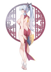 Rule 34 | 1girl, absurdres, ass, ayaka (genshin impact), back, back cutout, blue eyes, breasts, china dress, chinese clothes, clothing cutout, dress, full body, genshin impact, hair ornament, hand fan, high heels, highres, holding, holding fan, lamsass, large breasts, long hair, no bra, no panties, paper fan, ponytail, red dress, sideboob, sidelocks, simple background, solo, white background, white hair