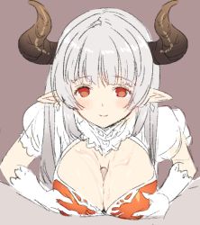 Rule 34 | 10s, 1girl, alicia (granblue fantasy), between breasts, blunt bangs, blush, breasts, cleavage, closed mouth, cum, cum on body, cum on breasts, cum on upper body, draph, dress, earrings, eyebrows, flat color, gloves, granblue fantasy, horns, jewelry, koza game, lace, lace-trimmed gloves, lace trim, long hair, looking at viewer, mature female, paizuri, paizuri under clothes, penis, pointy ears, puffy short sleeves, puffy sleeves, purple background, red dress, red eyes, short sleeves, silver hair, smile, solo focus, white gloves