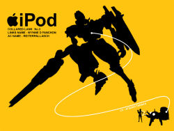 Rule 34 | 1girl, apple inc., armored core, armored core: for answer, blade, character name, digital media player, from software, full body, gun, ipod, ipod ad, mecha, parody, reiterpallasch, robot, silhouette, simple background, tachikoma, weapon, wynne d fanchon, yellow background