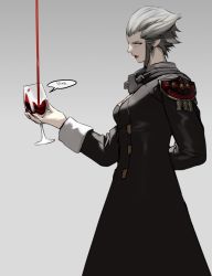 Rule 34 | 1girl, alcohol, arm behind back, black coat, black joa, coat, cowboy shot, cup, drinking glass, emblem, final fantasy, final fantasy xiv, from side, grey background, grey hair, hair pulled back, hand up, highres, holding, holding cup, korean text, long sleeves, looking ahead, mature female, merlwyb bloefhiswyn, parted lips, pouring, profile, red lips, roegadyn, short hair, simple background, solo, standing, translation request, white eyes, wine, wine glass