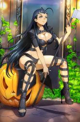 Rule 34 | 1girl, antenna hair, belt buckle, black bra, black cape, black footwear, black hair, black shorts, boots, bra, breasts, buckle, cape, cleavage, collarbone, day, floating hair, full body, grey eyes, groin, high heel boots, high heels, highres, holding, holding scythe, holding weapon, ikkitousen, kakouen myousai, large breasts, long hair, looking at viewer, micro shorts, outdoors, scythe, short shorts, shorts, sitting, smile, solo, thigh strap, underwear, very long hair, weapon