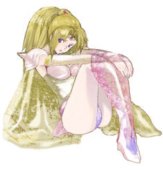 Rule 34 | 1990s (style), 1girl, blonde hair, boots, breasts, cape, circlet, detached sleeves, fahrenheit, final fantasy, final fantasy iv, full body, large breasts, hugging own legs, legs, looking back, pantyhose, ponytail, purple eyes, rosa farrell, sitting, solo, thighs, white background