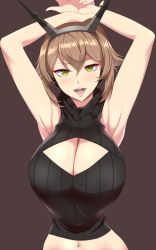 Rule 34 | 1girl, armpits, arms up, black sweater, blush, breasts, brown background, brown hair, cleavage, cleavage cutout, clothing cutout, flipped hair, green eyes, hair between eyes, hand on own wrist, headgear, highres, kantai collection, kloah, large breasts, looking at viewer, meme attire, midriff, mutsu (kancolle), navel, open-chest sweater, open mouth, short hair, simple background, sleeveless, solo, sweater, tsurime, turtleneck, upper body, virgin killer sweater