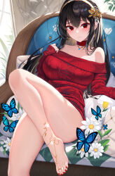 Rule 34 | 1girl, bare legs, barefoot, black hair, blue butterfly, blush, breasts, bug, butterfly, choker, closed mouth, earrings, flower, hair between eyes, hair flower, hair ornament, hairband, highres, insect, jewelry, knee up, large breasts, long hair, looking at viewer, nail polish, nekoda (maoda), off-shoulder sweater, off shoulder, red choker, red eyes, red nails, red sweater, revision, solo, spy x family, sweater, toe ring, toenail polish, toenails, white flower, white hairband, yor briar