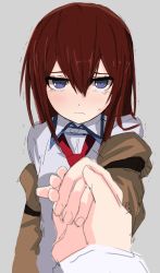 Rule 34 | 1girl, blouse, blue eyes, blush, brown jacket, closed mouth, commentary, grey background, hair between eyes, highres, holding hands, jacket, kahlua (artist), long hair, looking at viewer, makise kurisu, necktie, off shoulder, pov, pov hands, raised eyebrows, red hair, red neckwear, shirt, simple background, solo focus, steins;gate, sweatdrop, tearing up, trembling, white shirt, worried