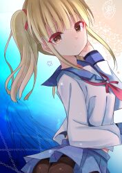 Rule 34 | 1girl, angel beats!, black pantyhose, blonde hair, blue background, blue sailor collar, blue skirt, blunt bangs, chain, closed mouth, colored eyelashes, commentary request, expressionless, hair ribbon, hand in own hair, hayami rokushichi, highres, long hair, long sleeves, looking at viewer, miniskirt, neckerchief, panties, panties under pantyhose, pantyhose, pink neckerchief, pleated skirt, red ribbon, ribbon, sailor collar, shinda sekai sensen uniform, shirt, sidelighting, sidelocks, signature, simple background, skirt, solo, twintails, underwear, upper body, white shirt, yellow eyes, yusa (angel beats!)