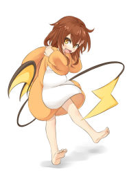 Rule 34 | 1girl, alternate costume, animal hood, bad id, bad pixiv id, bare legs, barefoot, blush, brown eyes, brown hair, cosplay, creatures (company), fang, feet, game freak, gen 1 pokemon, hair between eyes, hair ornament, hairclip, hood, hood down, hoodie, ikazuchi (kancolle), kantai collection, long sleeves, looking at viewer, musouduki, name connection, nintendo, open mouth, pokemon, pun, raichu, raichu (cosplay), short hair, simple background, smile, solo, tail, white background