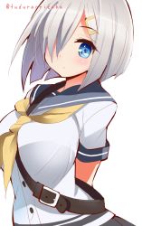Rule 34 | 10s, 1girl, 9law, arms behind back, bad id, bad pixiv id, between breasts, blue eyes, blush, breasts, hair ornament, hair over one eye, hairclip, hamakaze (kancolle), highres, kantai collection, large breasts, looking at viewer, school uniform, serafuku, short hair, silver hair, solo, strap between breasts, twitter username, upper body, white background