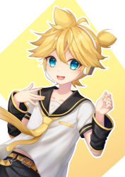 Rule 34 | 1boy, aroeruji3, bass clef, belt, blonde hair, blue eyes, detached sleeves, gradient background, headset, highres, kagamine len, looking at viewer, male focus, necktie, open mouth, outline, sailor collar, simple background, smile, solo, vocaloid, white outline, yellow background, yellow belt, yellow necktie