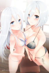 Rule 34 | 10s, 2017, 2girls, alternate costume, arms at sides, asymmetrical docking, bikini, black bikini, blue eyes, blurry, breast press, breasts, cleavage, dated, depth of field, frills, from above, hair between eyes, hair ornament, hair over one eye, hairclip, hamakaze (kancolle), hibiki (kancolle), highres, indoors, kantai collection, large breasts, leaning forward, lips, long hair, looking at viewer, messy hair, multiple girls, sakiryo kanna, short hair, side-tie bikini bottom, sideboob, small breasts, swimsuit, wavy mouth, white hair, window, wooden floor