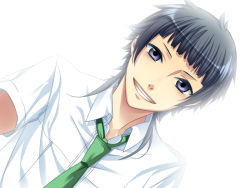 Rule 34 | 1boy, :d, game cg, green necktie, grin, kinose azusa, looking at viewer, male focus, necktie, open mouth, simple background, smile, solo, starry sky (game), teeth, white background