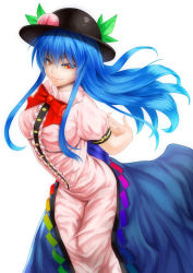 Rule 34 | &gt;:), 1girl, arms behind back, black bow, black hat, blue hair, bow, bowtie, center frills, closed mouth, collar, colored eyelashes, dress, floating hair, frills, hair between eyes, hat, highres, hinanawi tenshi, interlocked fingers, leaf, lips, long hair, long skirt, open clothes, open skirt, ototarou, own hands clasped, own hands together, pink dress, puffy short sleeves, puffy sleeves, rainbow order, red bow, red bowtie, red eyes, short sleeves, sidelocks, simple background, skirt, smile, smirk, smug, solo, stretching, touhou, tsurime, v-shaped eyebrows, very long hair, white background