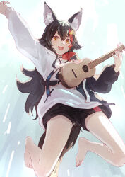 Rule 34 | 1girl, acoustic guitar, animal ear fluff, animal ears, arm up, barefoot, black choker, black hoodie, black shorts, blue background, choker, copyright name, crossed bangs, eyelashes, feet, full body, gradient background, guitar, hair ornament, hand up, highres, holding, hololive, hood, hood down, hoodie, instrument, legs, long hair, looking at viewer, midair, multicolored hair, official alternate costume, ookami mio, ookami mio (casual), orange eyes, red hair, shorts, sidelocks, solo, streaked hair, tail, thighs, toenails, toes, two-tone hoodie, v-shaped eyebrows, virtual youtuber, white hoodie, wolf ears, wolf girl, wolf tail, yami ara