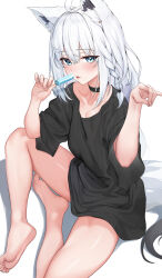Rule 34 | 1girl, absurdres, ahoge, animal ears, bare legs, barefoot, black choker, black shirt, blue eyes, blush, braid, breasts, choker, collarbone, earrings, feet, food, fox ears, fox girl, fox shadow puppet, full body, hair between eyes, highres, holding, holding food, holding popsicle, hololive, indian style, jewelry, legs, long hair, looking at viewer, medium breasts, popsicle, raag jp, shirakami fubuki, shirt, side braid, single braid, sitting, soles, solo, thighs, toes, tongue, tongue out, virtual youtuber, white background, white hair