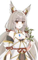 Rule 34 | 1girl, animal ears, bell, breasts, cat ears, cleavage, core crystal (xenoblade), dark skin, detached sleeves, facial mark, flower, grey hair, highres, holding, holding flower, leotard, long hair, mo equal pu, nia (blade) (xenoblade), nia (xenoblade), open mouth, rope around waist, small breasts, solo, twintails, upper body, very long hair, whisker markings, xenoblade chronicles (series), xenoblade chronicles 2