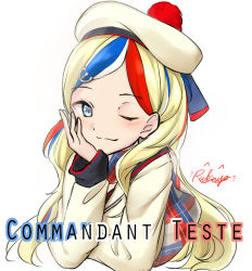 Rule 34 | 10s, 1girl, beret, blonde hair, blue eyes, blue hair, character name, commandant teste (kancolle), hand on own face, hat, kantai collection, long hair, multicolored clothes, multicolored hair, multicolored scarf, one eye closed, plaid, plaid scarf, red hair, rukinya (nyanko mogumogu), scarf, signature, simple background, smile, solo, streaked hair, upper body, white background, white hair