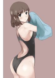 Rule 34 | 1girl, absurdres, amagami, ass, breasts, brown eyes, brown hair, commentary request, competition swimsuit, drying, drying body, from behind, gyuunyuu pack (tanaka), highres, looking at viewer, medium breasts, one-piece swimsuit, parted lips, short hair, solo, swimsuit, tanaka keiko (amagami), towel, wet