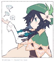 Rule 34 | 1boy, androgynous, beret, black hair, blue hair, blush, bow, braid, cape, closed mouth, collared cape, corset, dandelion, dandelion seed, flower, frilled sleeves, frills, from side, genshin impact, gradient hair, green eyes, green hat, hair flower, hair ornament, hand up, hat, leaf, long sleeves, male focus, melanbread, multicolored hair, short hair with long locks, simple background, smile, solo, twin braids, venti (genshin impact), white background, white flower