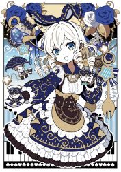 Rule 34 | 1girl, blue eyes, corset, cup, drill hair, elina (e2n04n), flower, fork, frills, holding, holding cup, looking at viewer, mouse (animal), open mouth, original, rose, solo, teacup, white hair
