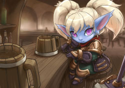 Rule 34 | 1girl, bar (place), beer mug, blonde hair, blue skin, colored skin, cup, hammer, ironlily, league of legends, long hair, mug, pointy ears, poppy (league of legends), purple eyes, solo, tavern, text focus, translation request, twintails, yordle