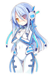 Rule 34 | 1girl, :o, blue hair, blush, bodysuit, breasts, covered navel, cowboy shot, eyes visible through hair, hair ornament, hair over one eye, hands on own chest, head tilt, kurasuke, long hair, looking away, nose blush, original, parted lips, red eyes, simple background, sketch, small breasts, solo, very long hair, white background, white bodysuit, yellow eyes