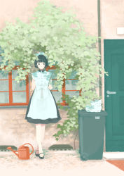 Rule 34 | 1girl, absurdres, apron, arms behind back, black dress, black footwear, black hair, blunt bangs, bow, cat, day, door, dress, highres, inoue haruka (haruharu210), maid, maid headdress, original, outdoors, plant, shadow, shoes, short hair, solo, watering can, white apron, white bow, white cat, wide shot, window