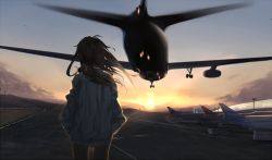 Rule 34 | 1girl, aircraft, airfield, airplane, brown hair, cloud, day, female focus, grey jacket, hands in pockets, jacket, landing, lens flare, litra (ltr0312), long hair, long sleeves, motion blur, original, outdoors, runway, scenery, simple background, sky, solo, standing, sunset, vehicle focus