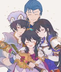 Rule 34 | 2boys, 2girls, armor, axe, ayra (fire emblem), black hair, blue hair, breastplate, brother and sister, closed eyes, family, father and daughter, father and son, fire emblem, fire emblem: genealogy of the holy war, fire emblem heroes, highres, holding, holding axe, larcei (fire emblem), larcei (scion) (fire emblem), lex (fire emblem), mother and daughter, mother and son, multiple boys, multiple girls, nintendo, official alternate costume, open mouth, pauldrons, sasaki (dkenpisss), scathach (fire emblem), shoulder armor, siblings, smile