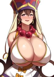 Rule 34 | 1girl, :d, alternate breast size, arms behind back, beads, bikini, blush, breasts, breasts out, brown hair, fate/grand order, fate (series), hat, highres, huge breasts, imuzi, long hair, looking at viewer, naughty face, open mouth, prayer beads, red eyes, smile, solo, sweat, swimsuit, upper body, white background, white bikini, xuangzang sanzang (fate)