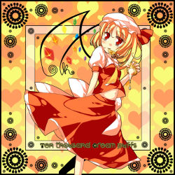 Rule 34 | 1girl, black border, blonde hair, border, cream puff, eating, english text, female focus, flandre scarlet, food, hat, heart, looking at viewer, mob cap, navel, nu (plastic eraser), pastry, puffy short sleeves, puffy sleeves, red eyes, short hair, short sleeves, skirt, skirt set, solo, touhou, wings
