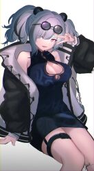 Rule 34 | 1girl, :d, animal ears, arknights, bare shoulders, black coat, black hair, blue dress, blunt bangs, breasts, china dress, chinese clothes, chromatic aberration, cleavage, cleavage cutout, clothing cutout, coat, dot nose, dress, eyewear on head, fang, feater (arknights), grey hair, hair over one eye, highres, large breasts, long sleeves, looking at viewer, multicolored coat, multicolored hair, off shoulder, open mouth, panda ears, panda girl, purple-tinted eyewear, round eyewear, signature, simple background, sitting, smile, solo, streaked hair, sunglasses, thigh strap, tinted eyewear, two-tone coat, two side up, v, v over eye, white background, yunnasu