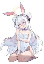 Rule 34 | 1girl, absurdres, angel wings, animal ears, azusa (blue archive), black pantyhose, blue archive, blush, breasts, cleavage, detached collar, double bun, fake animal ears, feathered wings, hair between eyes, hair bun, halo, highres, leotard, long hair, medium breasts, open mouth, painterliuhao, pantyhose, purple eyes, rabbit ears, simple background, solo, strapless, strapless leotard, white background, white hair, white leotard, white wings, wings, wrist cuffs, yellow halo