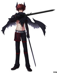 Rule 34 | 1boy, dark, horns, kaz, male focus, pangya, red eyes, red hair, simple background, solo, sword, torn clothes, weapon, white background