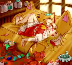 Rule 34 | 1girl, ascot, bad id, bad nicoseiga id, barefoot, blonde hair, cake, checkered floor, cherry, couch, cup, female focus, flandre scarlet, floor, food, fruit, hat, lying, muumin (kissling), nail polish, on back, red eyes, short hair, side ponytail, solo, stuffed animal, stuffed toy, sunlight, toenail polish, toenails, touhou, wings