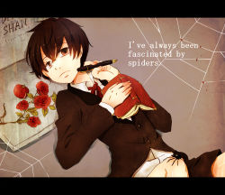 Rule 34 | 1boy, black hair, book, bug, darren shan, flower, formal, holding, holding book, letterboxed, lying, male focus, necktie, open book, pen, red flower, red rose, rose, short hair, shorts, solo, spider, suit, the saga of darren shan, tomato, tombstone