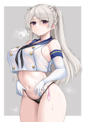 Rule 34 | 1girl, absurdres, black neckerchief, black panties, blue sailor collar, blush, breasts, brown eyes, condom, conte di cavour (kancolle), cosplay, cowboy shot, crop top, crop top overhang, elbow gloves, gloves, grey hair, groin, highleg, highleg panties, highres, jiangyou dang, kantai collection, large breasts, long hair, navel, neckerchief, open mouth, panties, sailor collar, shimakaze (kancolle), shimakaze (kancolle) (cosplay), sleeveless, solo, two side up, underwear, used condom, white gloves