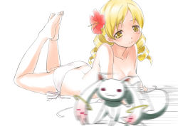 Rule 34 | 10s, 1girl, arched back, ass, barefoot, bikini, unworn bikini top, blonde hair, blurry, breasts, cleavage, collarbone, convenient censoring, drill hair, flower, full body, hair flower, hair ornament, hibiscus, kyubey, legs up, looking at viewer, lying, mahou shoujo madoka magica, mahou shoujo madoka magica (anime), on stomach, rin2008, side-tie bikini bottom, simple background, smile, solo, speed lines, swimsuit, the pose, tomoe mami, topless, twin drills, white background, white bikini, yellow eyes