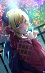 Rule 34 | 1girl, alternate costume, alternate hairstyle, bad id, bad twitter id, blonde hair, blue eyes, blurry, blurry background, blush, braid, demon girl, demon horns, demon wings, dutch angle, finger to mouth, fireworks, floral print, flower, from side, fumihiko (fu mihi ko), hair flower, hair ornament, hands up, highres, hololive, horns, japanese clothes, kimono, long hair, looking at viewer, looking to the side, night, obi, open mouth, pink kimono, pointy ears, print kimono, sash, sidelocks, solo, swept bangs, upper body, virtual youtuber, wings, yukata, yuzuki choco, yuzuki choco (new year)