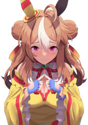 Rule 34 | 1girl, absurdres, ahoge, animal ears, bare shoulders, blue gloves, blue nails, blush, breasts, brown hair, cleavage, closed mouth, commentary request, copano rickey (umamusume), detached sleeves, double bun, dress, ear covers, fingerless gloves, gloves, hair between eyes, hair bun, hair ornament, highres, horse ears, horse girl, long hair, long sleeves, looking at viewer, medium breasts, multicolored hair, nail polish, simple background, smile, solo, streaked hair, tassel, tassel hair ornament, umamusume, upper body, white background, white hair, yellow dress, yukke jan