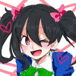 Rule 34 | 1girl, artist name, artist request, black hair, blue jacket, blush, bow, bowtie, collared shirt, female focus, green bow, green bowtie, hair bow, jacket, long sleeves, looking at viewer, love live!, love live! school idol project, nico nico nii, one eye closed, otonokizaka school uniform, parted lips, pencil teacher, red bow, red eyes, school uniform, shirt, short hair, smile, solo, striped bow, striped bowtie, striped clothes, twintails, yazawa nico