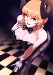Rule 34 | 1girl, :d, bare shoulders, bent over, black bow, black bowtie, black leotard, blue eyes, bow, bowtie, breasts, brown eyes, checkered floor, cleavage, detached collar, gloves, highres, horns, large breasts, leotard, open mouth, orange hair, original, pantyhose, pointy ears, short hair, smile, solo, standing, strapless, strapless leotard, thigh strap, white gloves, z umeshi