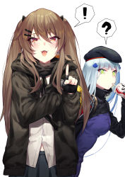 Rule 34 | !, 2girls, ?, absurdres, beret, blunt bangs, blush, breasts, brown hair, cowboy shot, cup, drinking, facial mark, fang, fingerless gloves, girls&#039; frontline, gloves, green eyes, hair between eyes, hair ornament, hairclip, hat, highres, hk416 (girls&#039; frontline), holding, holding cup, jacket, kyo, long hair, looking at viewer, medium breasts, multiple girls, open mouth, pointing, pointing at viewer, red eyes, ribbon, scar, scar across eye, scar on face, shirt, silver hair, simple background, skin fang, skirt, smile, spoken exclamation mark, spoken question mark, teardrop, twintails, ump9 (girls&#039; frontline), untucked shirt, very long hair, white background