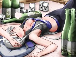 Rule 34 | 1girl, alcohol, arm on own head, beer can, belt, blush, bottle, bow, breasts, can, cleavage, closed eyes, commentary, crop top, drink can, eichi1219, grey hair, grey shirt, hair bow, long hair, lying, medium breasts, midriff, navel, necktie, on back, open mouth, pants, pillow, puff of air, purple necktie, rug, sake, sake bottle, shirt, solo, very long hair, vocaloid, wooden floor, yowane haku