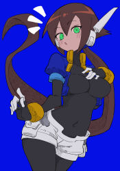 Rule 34 | 1girl, absurdres, aile (mega man zx), black bodysuit, blue background, blue jacket, bodysuit, bodysuit under clothes, breasts, brown hair, buzzlyears, cropped jacket, green eyes, highres, jacket, large breasts, long hair, looking at viewer, mega man (series), mega man zx, mega man zx advent, open clothes, open jacket, ponytail, shorts, simple background, solo, upper body, white shorts