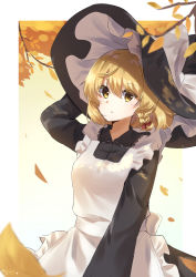 Rule 34 | 1girl, absurdres, alternate hair length, alternate hairstyle, ameria (artist), apron, autumn leaves, black dress, blonde hair, blurry, blurry foreground, bow, braid, dress, hat, hat bow, highres, kirisame marisa, long sleeves, looking at viewer, parted lips, short hair, side braid, solo, touhou, white apron, white bow, witch hat, yellow eyes