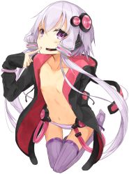 Rule 34 | 1girl, collarbone, finger to mouth, flat chest, headphones, jacket, long hair, looking at viewer, microphone, miruto netsuki, navel, open clothes, open jacket, panties, parted lips, purple eyes, purple hair, purple thighhighs, short hair with long locks, sidelocks, simple background, solo, striped clothes, striped panties, thighhighs, underwear, vocaloid, voiceroid, white background, yuzuki yukari