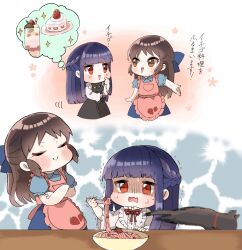 Rule 34 | 2girls, animal, apron, black cat, black skirt, blue background, blue bow, blue hair, blue shirt, blue skirt, blunt bangs, blush, bow, bowtie, braid, brown eyes, brown hair, cake, cake slice, cat, closed eyes, commentary request, crossed arms, food, food print, fork, frilled apron, frills, gloom (expression), hair bow, highres, holding, holding animal, holding cat, holding fork, idolmaster, idolmaster cinderella girls, imagining, long hair, long sleeves, multiple girls, ofu dere, open mouth, parfait, pasta, pero (idolmaster cinderella girls), pink apron, pink background, plate, puffy short sleeves, puffy sleeves, red bow, red bowtie, red eyes, sajo yukimi, shirt, short sleeves, sidelocks, skirt, smile, smug, sparkle, strawberry print, sweat, table, tachibana arisu, thought bubble, translation request, trembling, v-shaped eyebrows, wavy mouth, white shirt